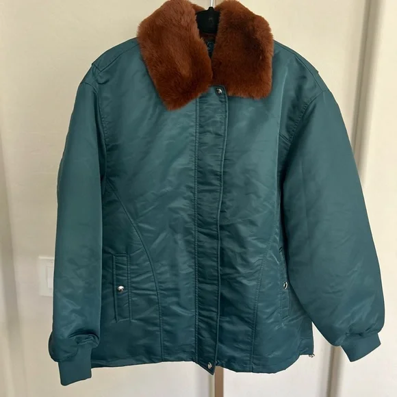 Anthropologie Blank‎ NYC Faux Fur Collar Bomber Jacket Teal Full Zip Small NWT - Picture 4 of 13
